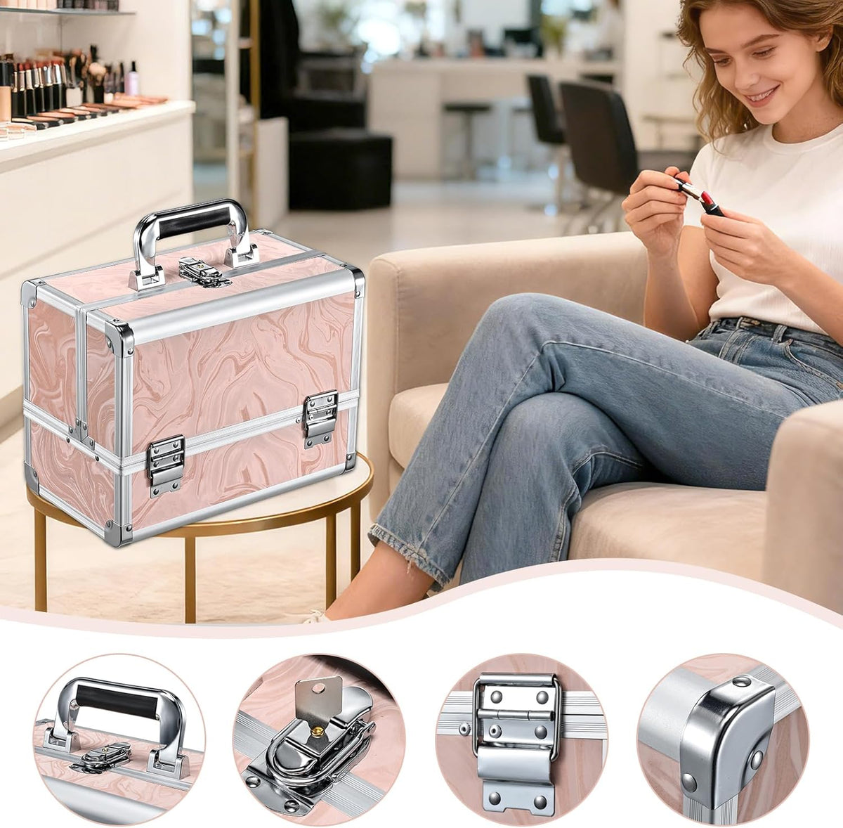 Travel Makeup Case with LED Lighted Mirror - 11.6" Portable Makeup Organizer Box, Cosmetic Train Case with Detachable Brush Holder - Fluid Black
