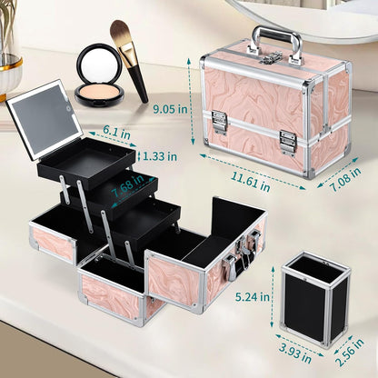 Travel Makeup Case with LED Lighted Mirror - 11.6" Portable Makeup Organizer Box, Cosmetic Train Case with Detachable Brush Holder - Fluid Black