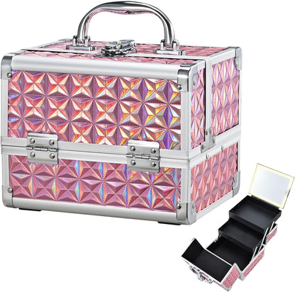 Travel Makeup Case with LED Lighted Mirror - 11.6" Portable Makeup Organizer Box, Cosmetic Train Case with Detachable Brush Holder - Fluid Black