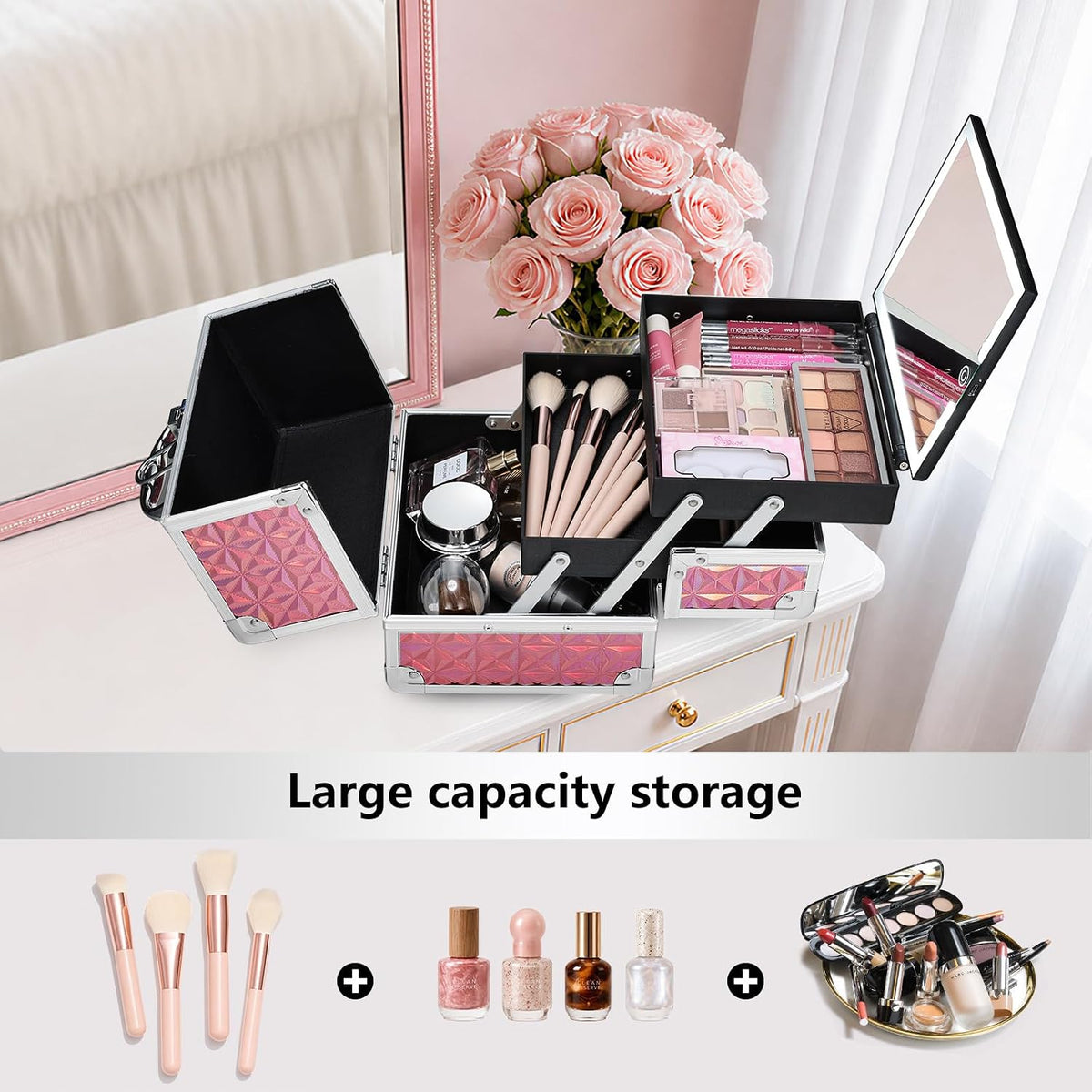 Travel Makeup Case with LED Lighted Mirror - 11.6" Portable Makeup Organizer Box, Cosmetic Train Case with Detachable Brush Holder - Fluid Black