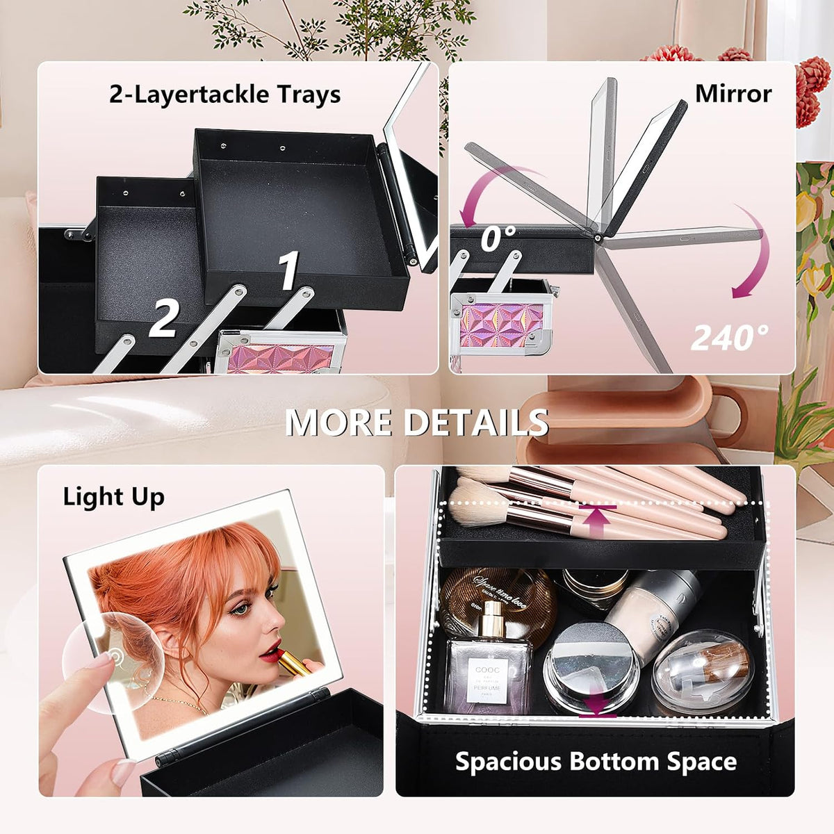 Travel Makeup Case with LED Lighted Mirror - 11.6" Portable Makeup Organizer Box, Cosmetic Train Case with Detachable Brush Holder - Fluid Black