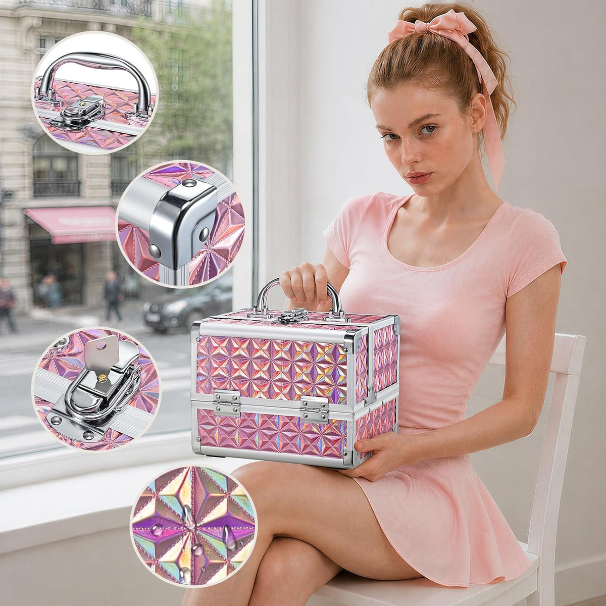 Travel Makeup Case with LED Lighted Mirror - 11.6" Portable Makeup Organizer Box, Cosmetic Train Case with Detachable Brush Holder - Fluid Black