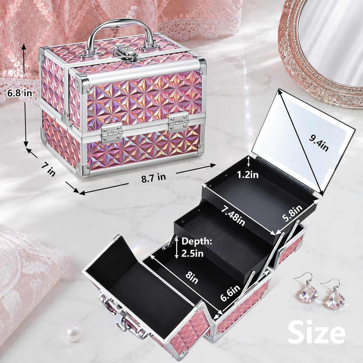 Travel Makeup Case with LED Lighted Mirror - 11.6" Portable Makeup Organizer Box, Cosmetic Train Case with Detachable Brush Holder - Fluid Black
