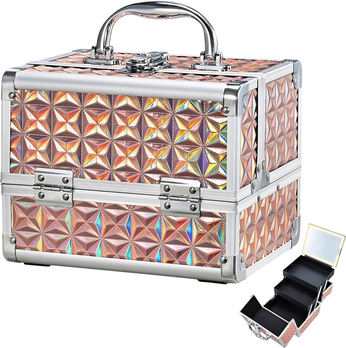 Travel Makeup Case with LED Lighted Mirror - 11.6" Portable Makeup Organizer Box, Cosmetic Train Case with Detachable Brush Holder - Fluid Black