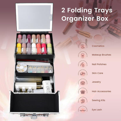 Travel Makeup Case with LED Lighted Mirror - 11.6" Portable Makeup Organizer Box, Cosmetic Train Case with Detachable Brush Holder - Fluid Black
