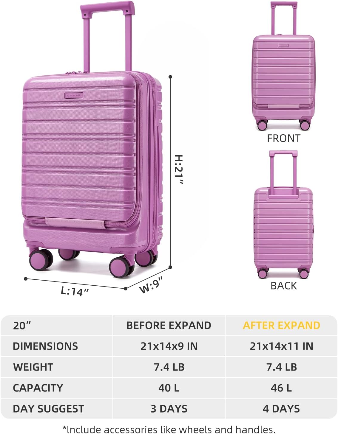 Carry On Luggage 22x14x9 Airline Approved, Suitcases with Wheels | Front Pocket 20Inch Expandable PC+ABS Carry-On Luggage | Front Open Luggage with Spinner Wheels for Women | TSA | Mocha