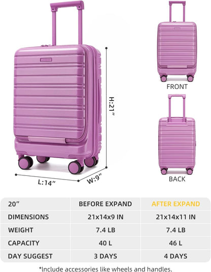Carry On Luggage 22x14x9 Airline Approved, Suitcases with Wheels | Front Pocket 20Inch Expandable PC+ABS Carry-On Luggage | Front Open Luggage with Spinner Wheels for Women | TSA | Mocha