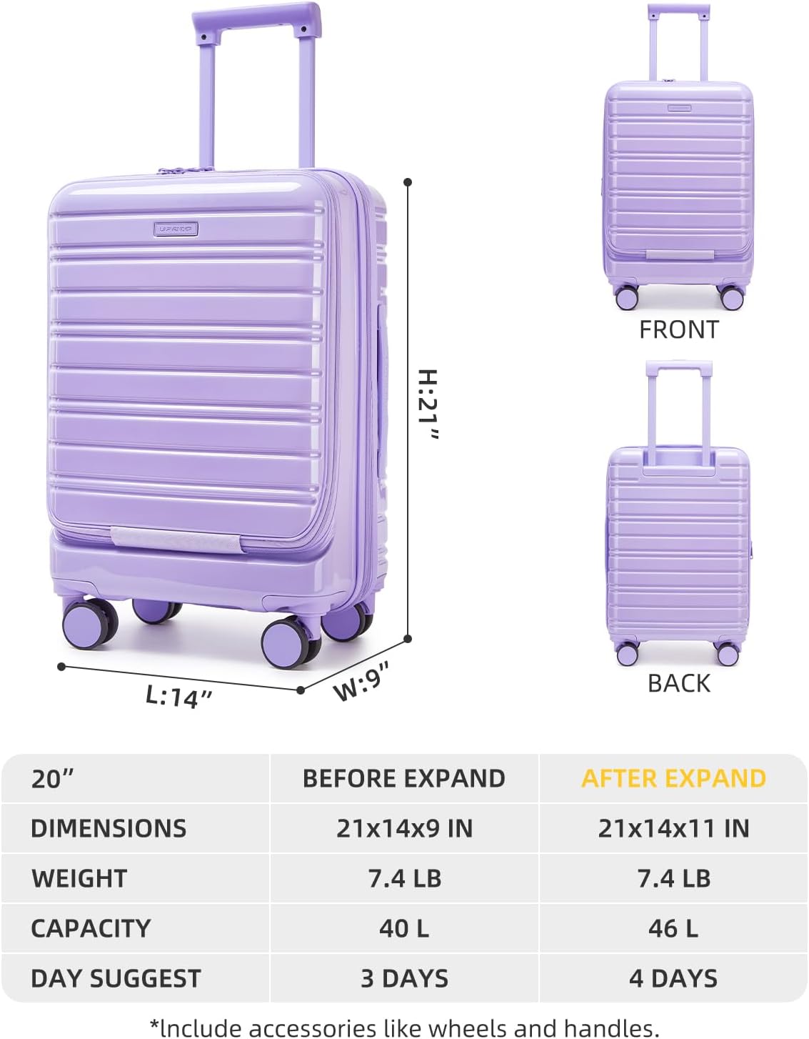 Carry On Luggage 22x14x9 Airline Approved, Suitcases with Wheels | Front Pocket 20Inch Expandable PC+ABS Carry-On Luggage | Front Open Luggage with Spinner Wheels for Women | TSA | Mocha