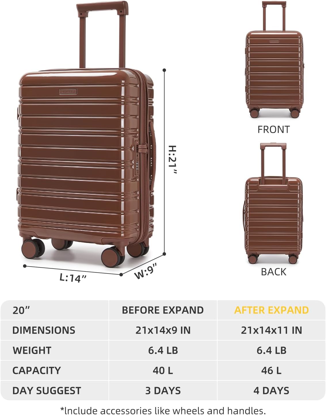 Carry On Luggage 22x14x9 Airline Approved, Suitcases with Wheels | Front Pocket 20Inch Expandable PC+ABS Carry-On Luggage | Front Open Luggage with Spinner Wheels for Women | TSA | Mocha