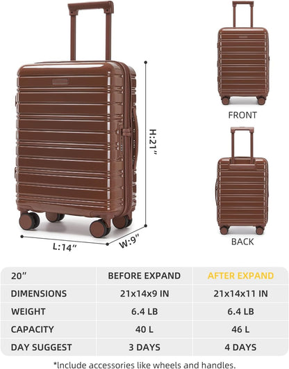 Carry On Luggage 22x14x9 Airline Approved, Suitcases with Wheels | Front Pocket 20Inch Expandable PC+ABS Carry-On Luggage | Front Open Luggage with Spinner Wheels for Women | TSA | Mocha