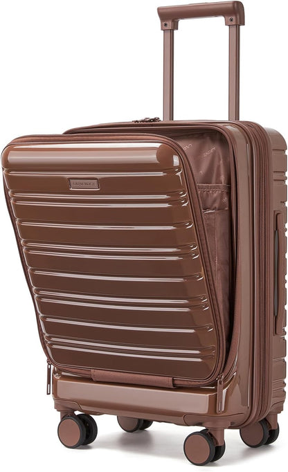 Carry On Luggage 22x14x9 Airline Approved, Suitcases with Wheels | Front Pocket 20Inch Expandable PC+ABS Carry-On Luggage | Front Open Luggage with Spinner Wheels for Women | TSA | Mocha