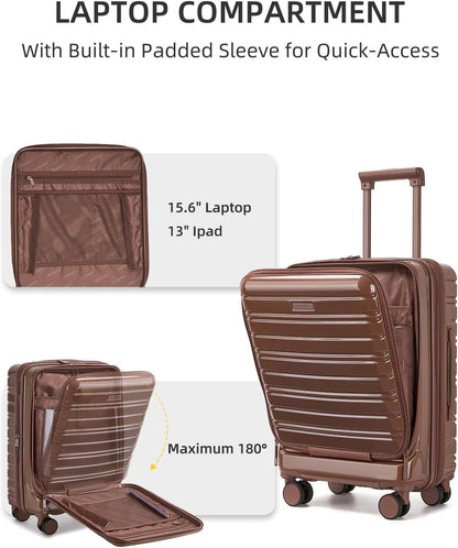 Carry On Luggage 22x14x9 Airline Approved, Suitcases with Wheels | Front Pocket 20Inch Expandable PC+ABS Carry-On Luggage | Front Open Luggage with Spinner Wheels for Women | TSA | Mocha