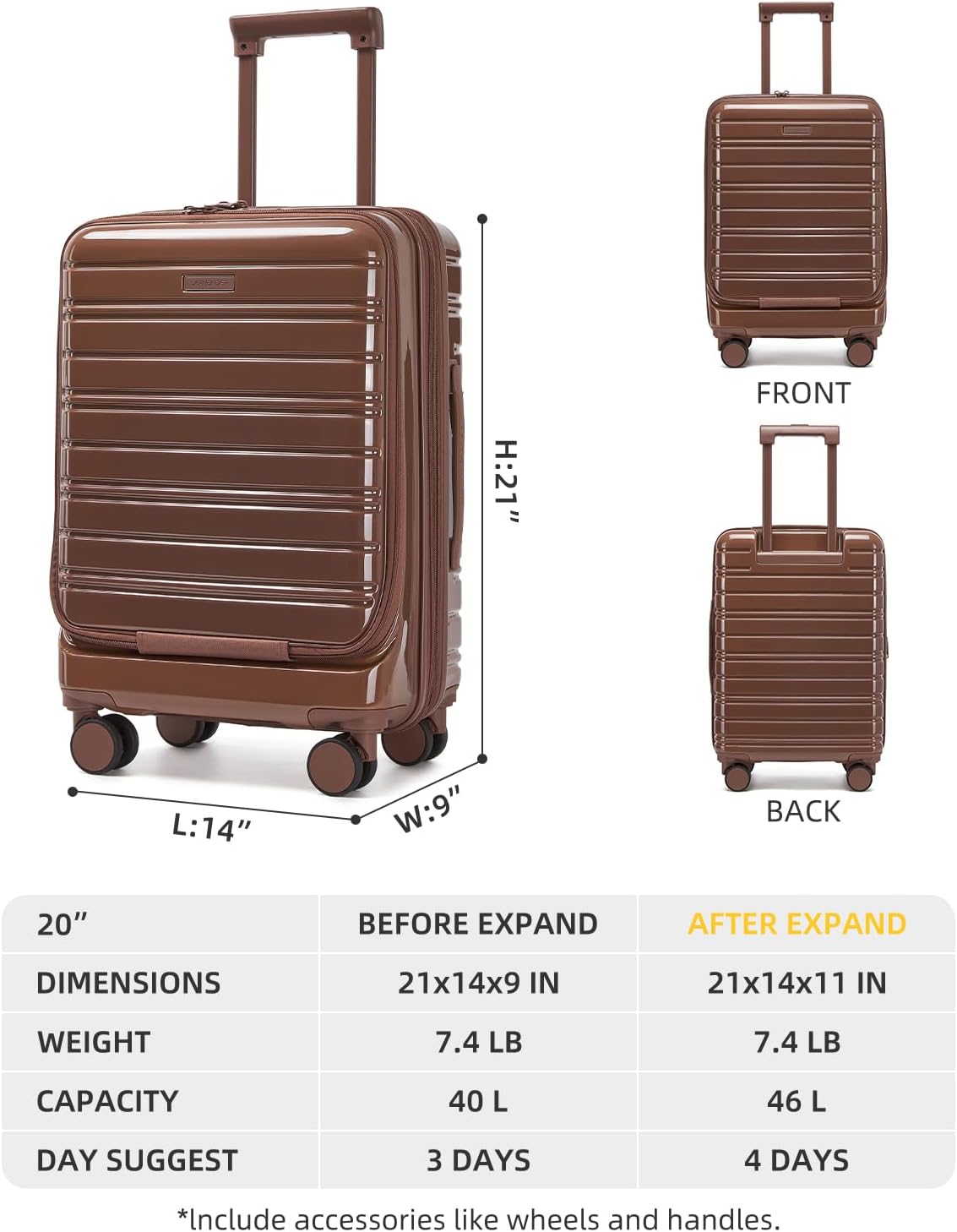Carry On Luggage 22x14x9 Airline Approved, Suitcases with Wheels | Front Pocket 20Inch Expandable PC+ABS Carry-On Luggage | Front Open Luggage with Spinner Wheels for Women | TSA | Mocha
