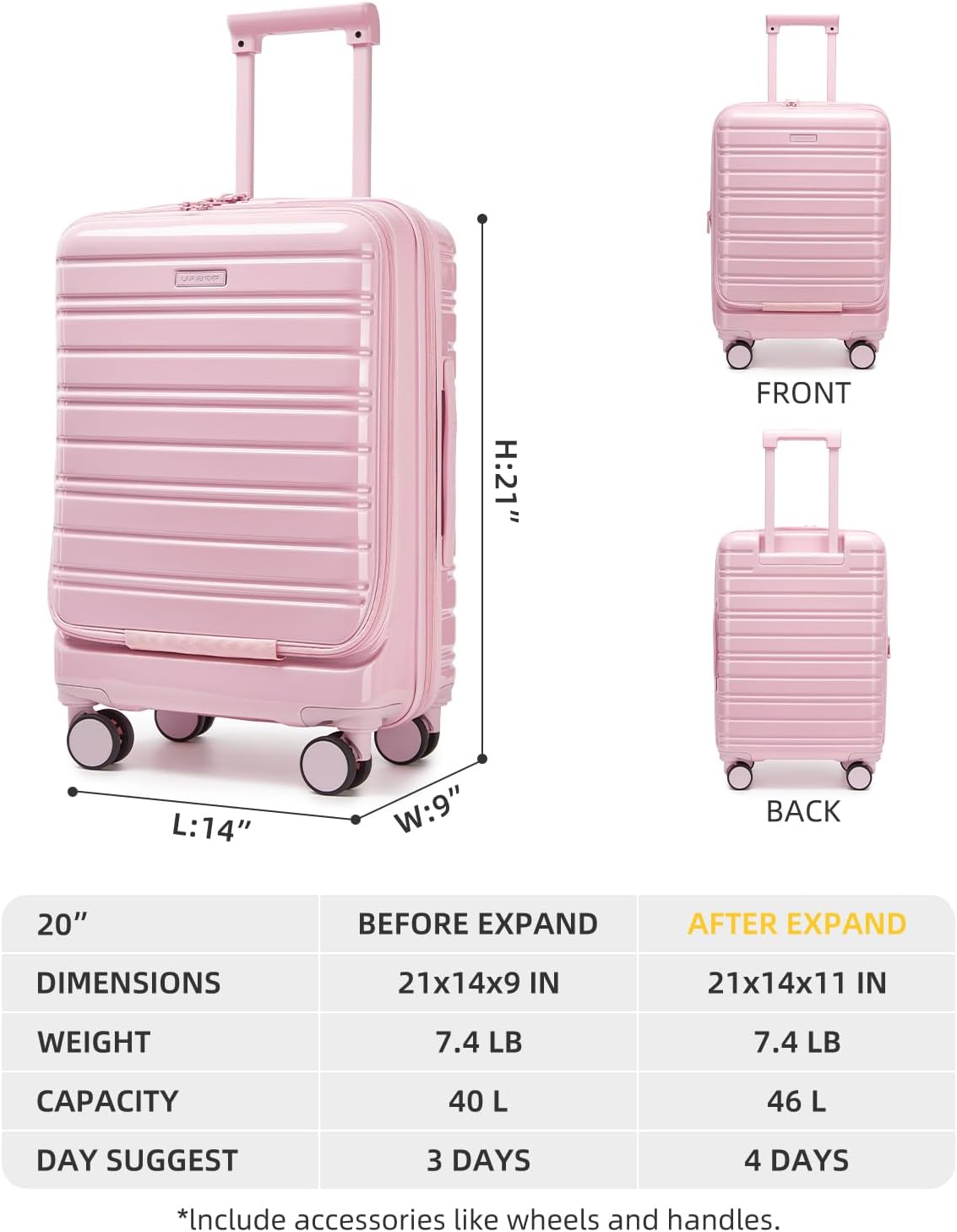 Carry On Luggage 22x14x9 Airline Approved, Suitcases with Wheels | Front Pocket 20Inch Expandable PC+ABS Carry-On Luggage | Front Open Luggage with Spinner Wheels for Women | TSA | Mocha