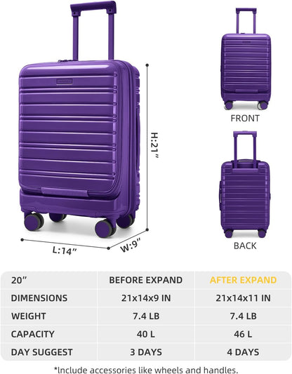 Carry On Luggage 22x14x9 Airline Approved, Suitcases with Wheels | Front Pocket 20Inch Expandable PC+ABS Carry-On Luggage | Front Open Luggage with Spinner Wheels for Women | TSA | Mocha