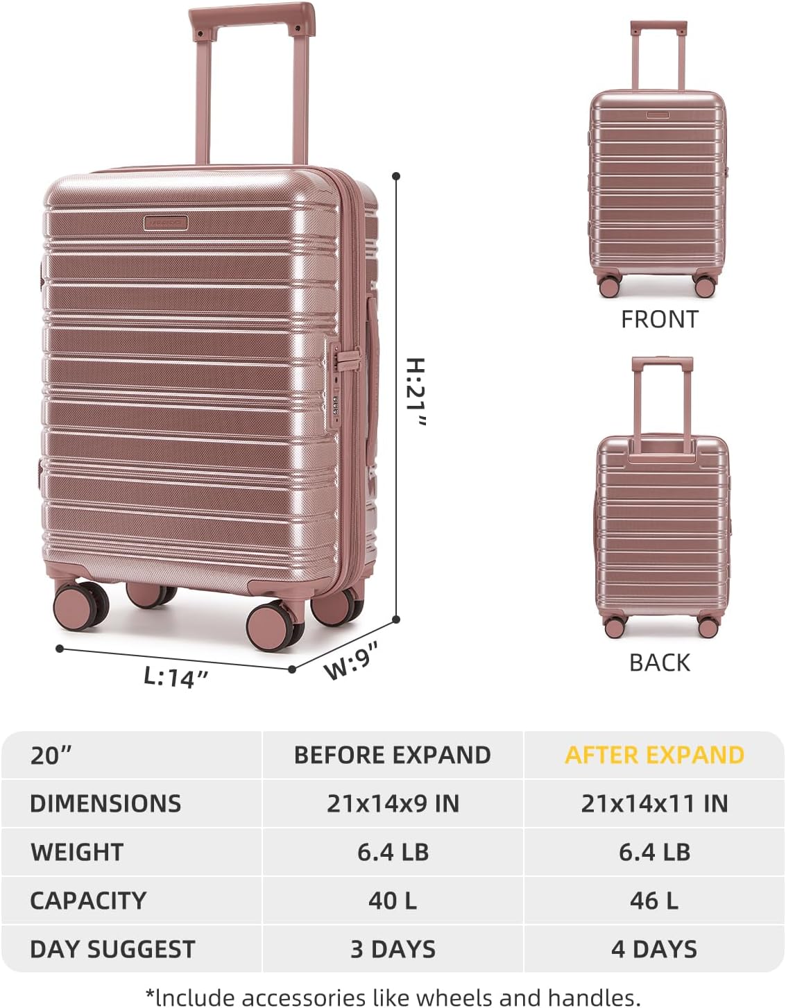 Carry On Luggage 22x14x9 Airline Approved, Suitcases with Wheels | Front Pocket 20Inch Expandable PC+ABS Carry-On Luggage | Front Open Luggage with Spinner Wheels for Women | TSA | Mocha
