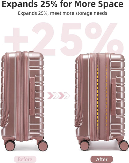 Carry On Luggage 22x14x9 Airline Approved, Suitcases with Wheels | Front Pocket 20Inch Expandable PC+ABS Carry-On Luggage | Front Open Luggage with Spinner Wheels for Women | TSA | Mocha