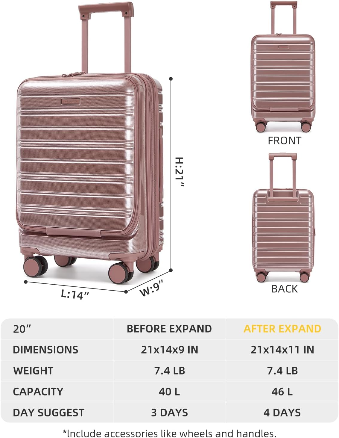 Carry On Luggage 22x14x9 Airline Approved, Suitcases with Wheels | Front Pocket 20Inch Expandable PC+ABS Carry-On Luggage | Front Open Luggage with Spinner Wheels for Women | TSA | Mocha