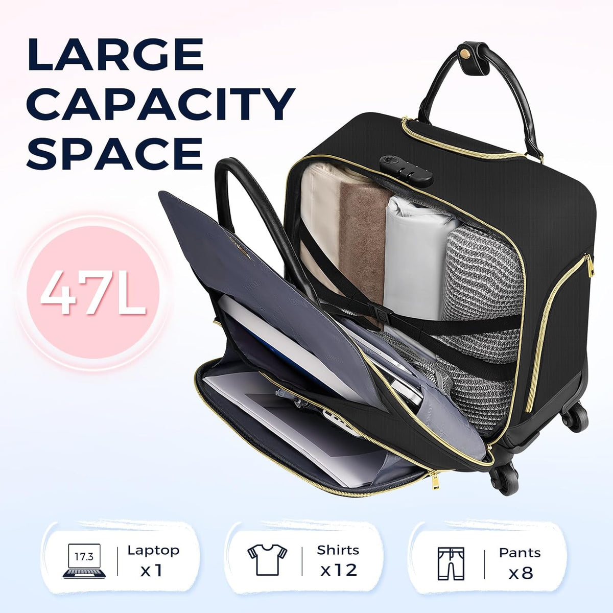 Rolling Laptop Bag, Rolling Briefcase for Women with 4 Spinner Wheels, 17.3 Inch Briefcase for Women with Lock and Packing Cube, Laptop Bag with Wheels for Travel Work Business Teacher,Black