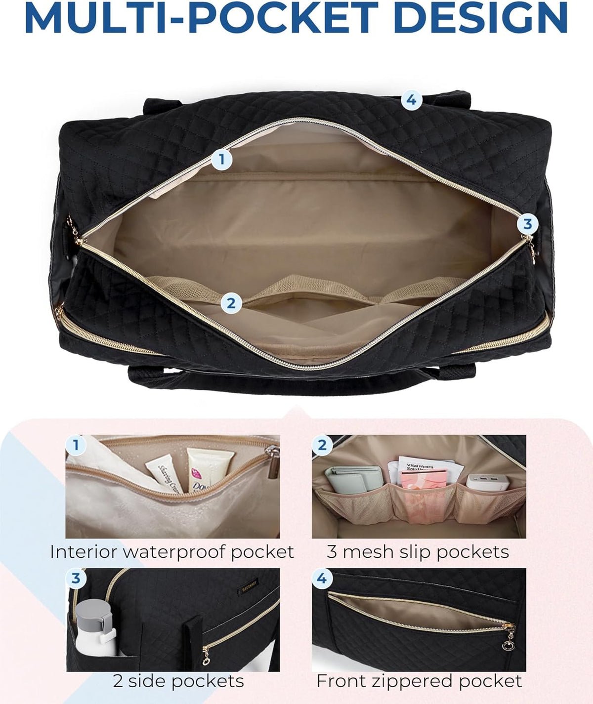 31L Women's Quilted Weekender Duffle Bag with Laptop Compartment and Shoe Bag