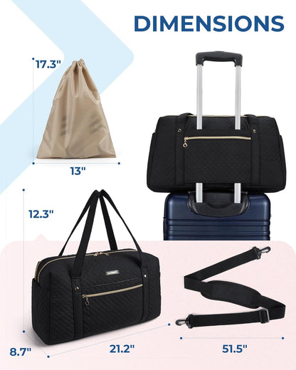 31L Women's Quilted Weekender Duffle Bag with Laptop Compartment and Shoe Bag