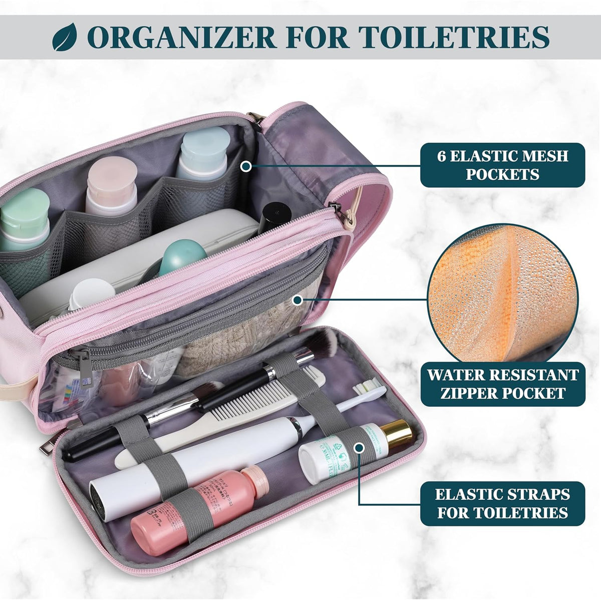 Toiletry Bag for Women, Canvas Dopp Kit, Travel Essentials Organizer, Water-Resistant Shaving, Grooming Kit, Large Hanging Bathroom Accessories Cosmetic Bag, Pink