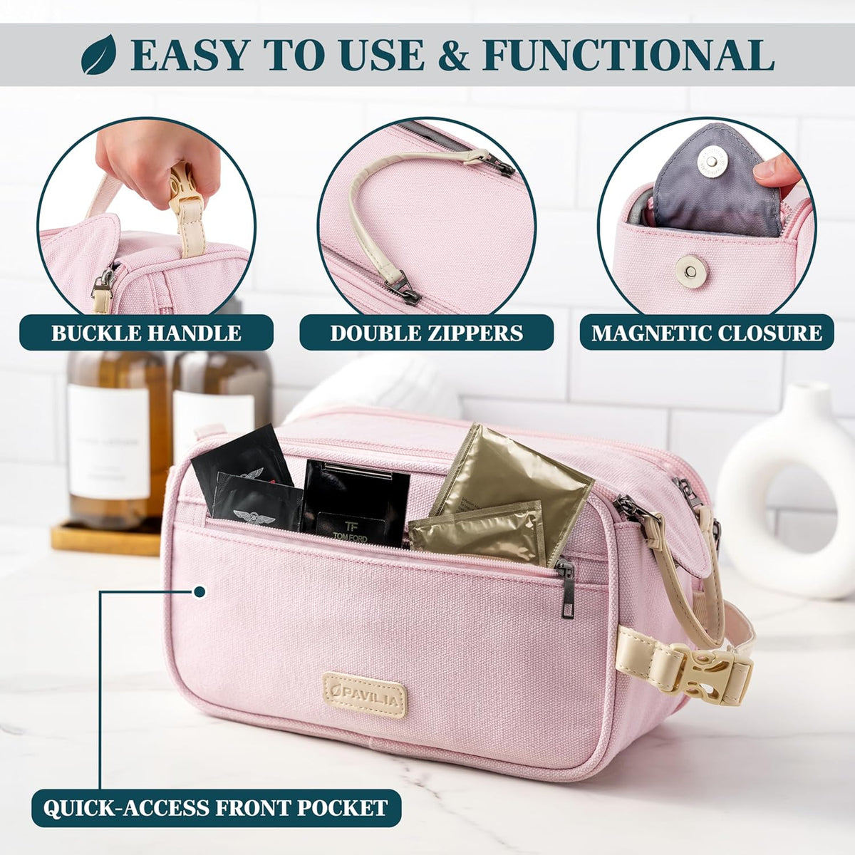 Toiletry Bag for Women, Canvas Dopp Kit, Travel Essentials Organizer, Water-Resistant Shaving, Grooming Kit, Large Hanging Bathroom Accessories Cosmetic Bag, Pink