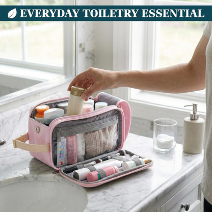 Toiletry Bag for Women, Canvas Dopp Kit, Travel Essentials Organizer, Water-Resistant Shaving, Grooming Kit, Large Hanging Bathroom Accessories Cosmetic Bag, Pink