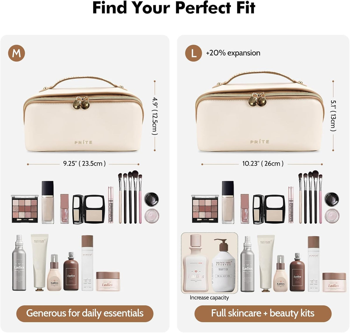 Makeup Bag Travel Toiletry Bag Open Flat Cosmetic Organizer for Women | Clear Divider, 2 Compartments, Waterproof, Vegan Leather, Elastic Slot, Handle, Lightweight, Large Capacity, Easy Clean