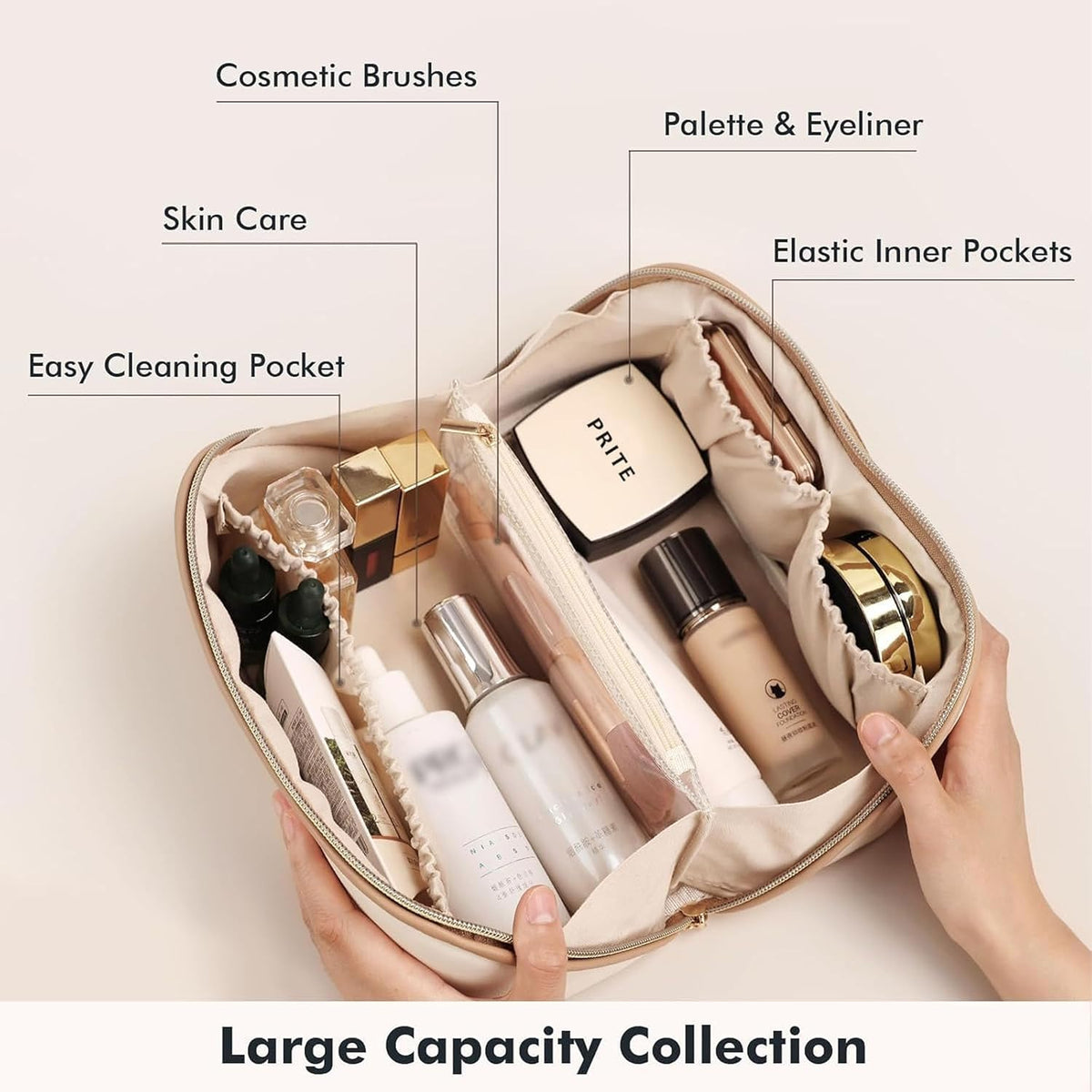 Makeup Bag Travel Toiletry Bag Open Flat Cosmetic Organizer for Women | Clear Divider, 2 Compartments, Waterproof, Vegan Leather, Elastic Slot, Handle, Lightweight, Large Capacity, Easy Clean