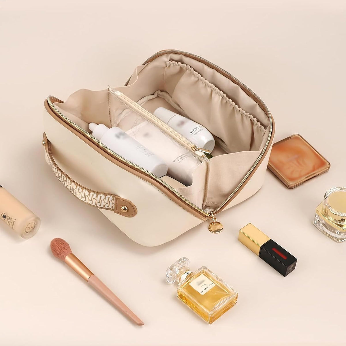 Makeup Bag Travel Toiletry Bag Open Flat Cosmetic Organizer for Women | Clear Divider, 2 Compartments, Waterproof, Vegan Leather, Elastic Slot, Handle, Lightweight, Large Capacity, Easy Clean