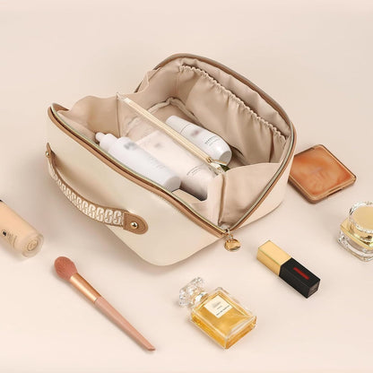Makeup Bag Travel Toiletry Bag Open Flat Cosmetic Organizer for Women | Clear Divider, 2 Compartments, Waterproof, Vegan Leather, Elastic Slot, Handle, Lightweight, Large Capacity, Easy Clean