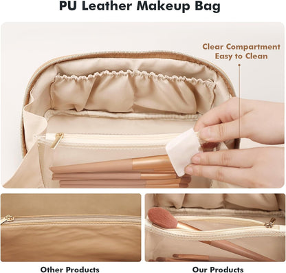 Makeup Bag Travel Toiletry Bag Open Flat Cosmetic Organizer for Women | Clear Divider, 2 Compartments, Waterproof, Vegan Leather, Elastic Slot, Handle, Lightweight, Large Capacity, Easy Clean