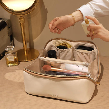 Makeup Bag Travel Toiletry Bag Open Flat Cosmetic Organizer for Women | Clear Divider, 2 Compartments, Waterproof, Vegan Leather, Elastic Slot, Handle, Lightweight, Large Capacity, Easy Clean