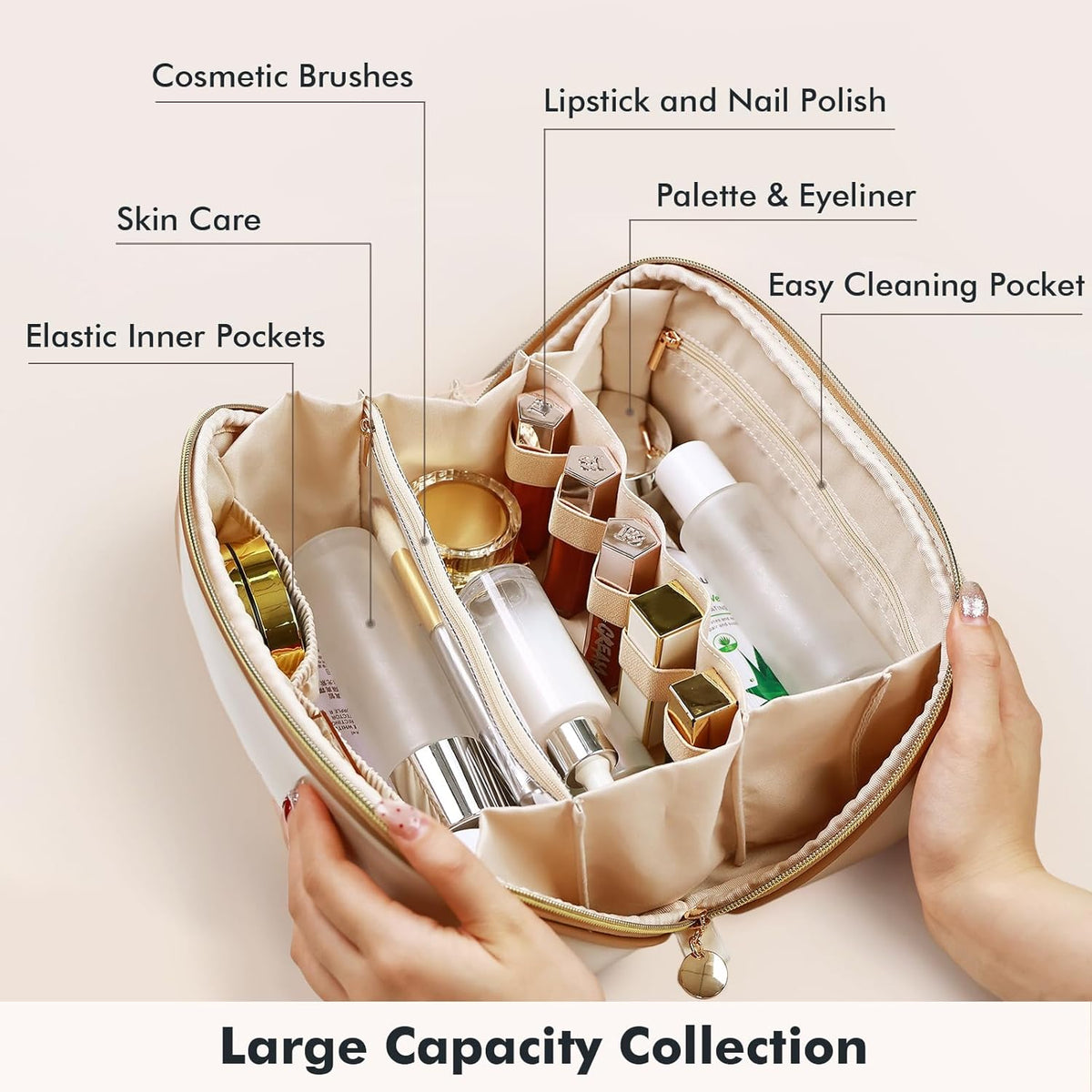 Makeup Bag Travel Toiletry Bag Open Flat Cosmetic Organizer for Women | Clear Divider, 2 Compartments, Waterproof, Vegan Leather, Elastic Slot, Handle, Lightweight, Large Capacity, Easy Clean
