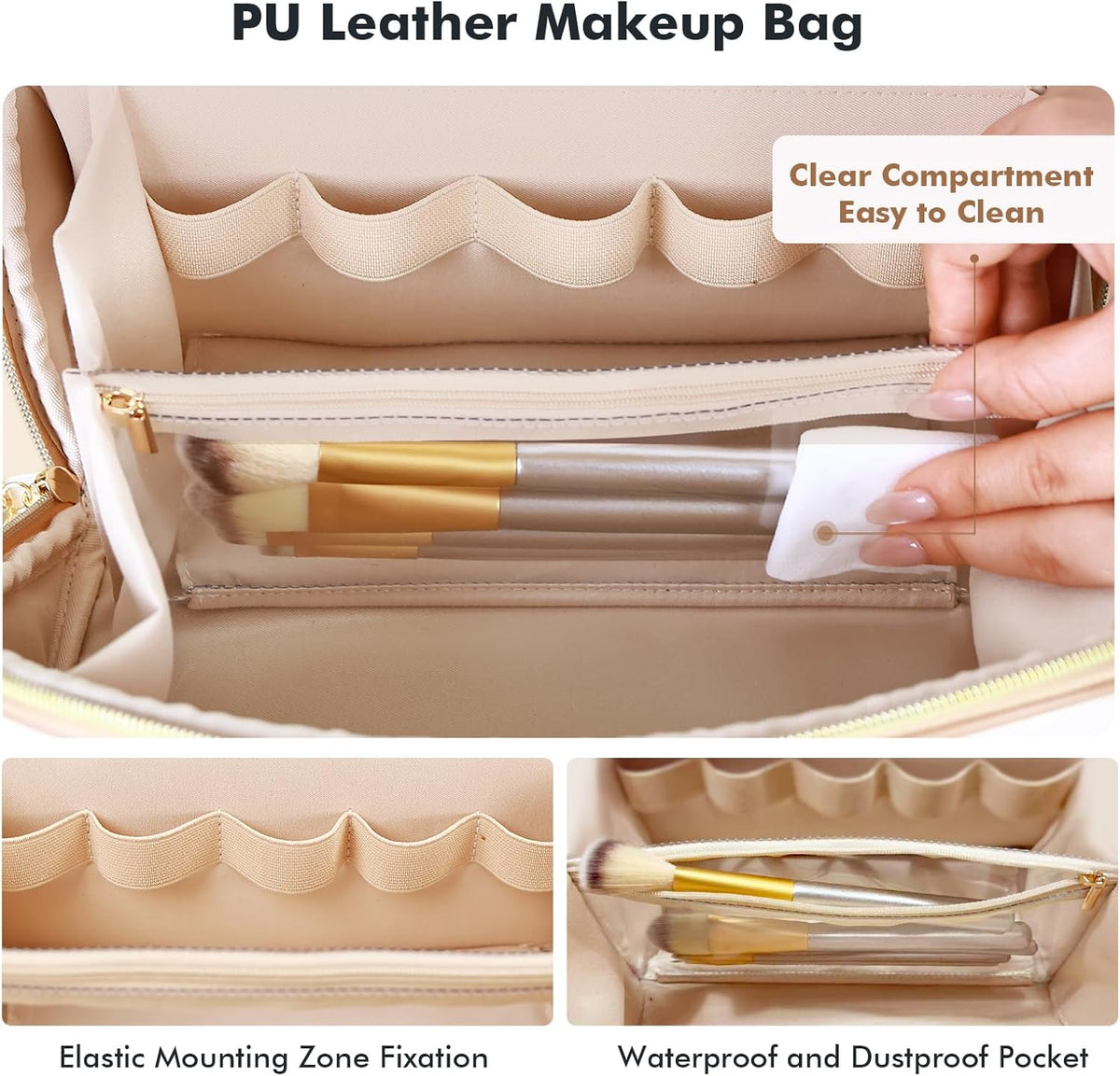 Makeup Bag Travel Toiletry Bag Open Flat Cosmetic Organizer for Women | Clear Divider, 2 Compartments, Waterproof, Vegan Leather, Elastic Slot, Handle, Lightweight, Large Capacity, Easy Clean