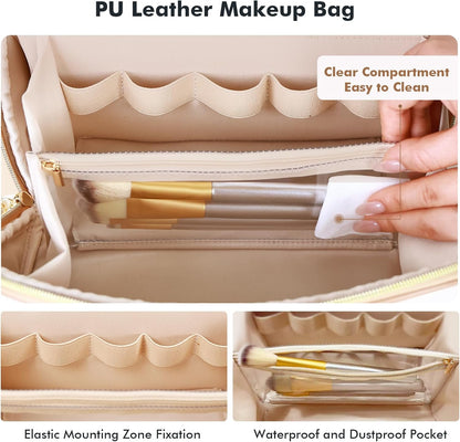 Makeup Bag Travel Toiletry Bag Open Flat Cosmetic Organizer for Women | Clear Divider, 2 Compartments, Waterproof, Vegan Leather, Elastic Slot, Handle, Lightweight, Large Capacity, Easy Clean