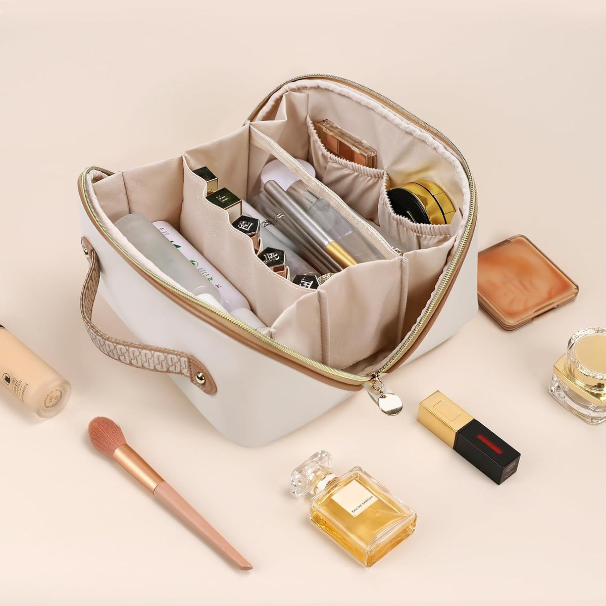 Makeup Bag Travel Toiletry Bag Open Flat Cosmetic Organizer for Women | Clear Divider, 2 Compartments, Waterproof, Vegan Leather, Elastic Slot, Handle, Lightweight, Large Capacity, Easy Clean