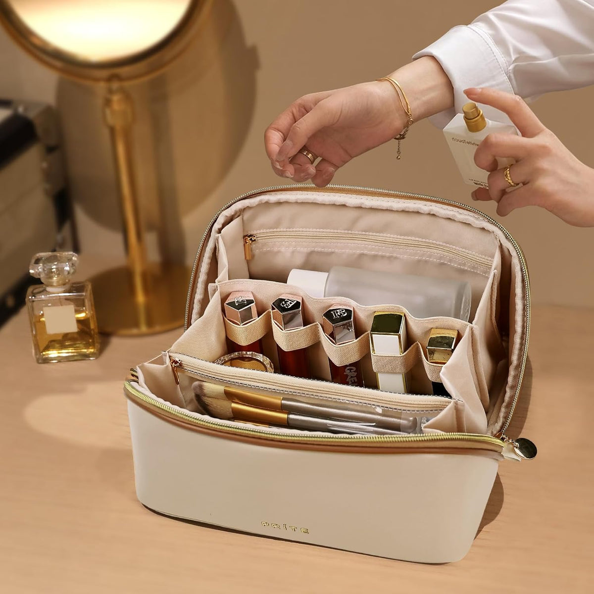 Makeup Bag Travel Toiletry Bag Open Flat Cosmetic Organizer for Women | Clear Divider, 2 Compartments, Waterproof, Vegan Leather, Elastic Slot, Handle, Lightweight, Large Capacity, Easy Clean