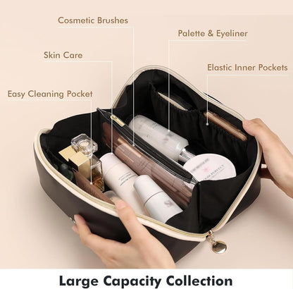 Makeup Bag Travel Toiletry Bag Open Flat Cosmetic Organizer for Women | Clear Divider, 2 Compartments, Waterproof, Vegan Leather, Elastic Slot, Handle, Lightweight, Large Capacity, Easy Clean