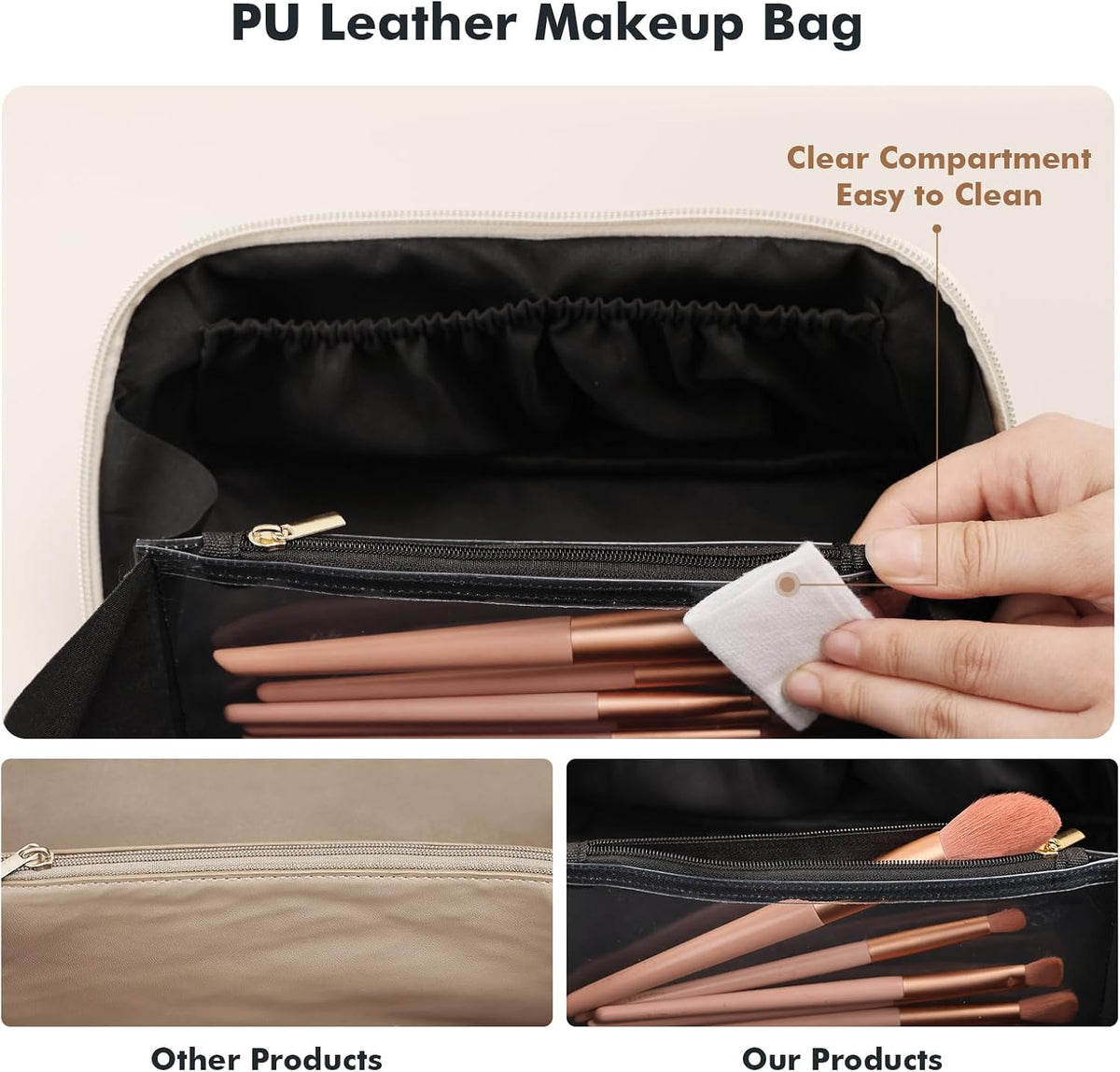 Makeup Bag Travel Toiletry Bag Open Flat Cosmetic Organizer for Women | Clear Divider, 2 Compartments, Waterproof, Vegan Leather, Elastic Slot, Handle, Lightweight, Large Capacity, Easy Clean