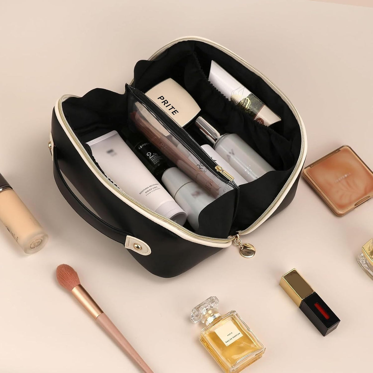 Makeup Bag Travel Toiletry Bag Open Flat Cosmetic Organizer for Women | Clear Divider, 2 Compartments, Waterproof, Vegan Leather, Elastic Slot, Handle, Lightweight, Large Capacity, Easy Clean