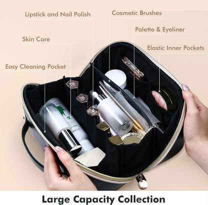 Makeup Bag Travel Toiletry Bag Open Flat Cosmetic Organizer for Women | Clear Divider, 2 Compartments, Waterproof, Vegan Leather, Elastic Slot, Handle, Lightweight, Large Capacity, Easy Clean