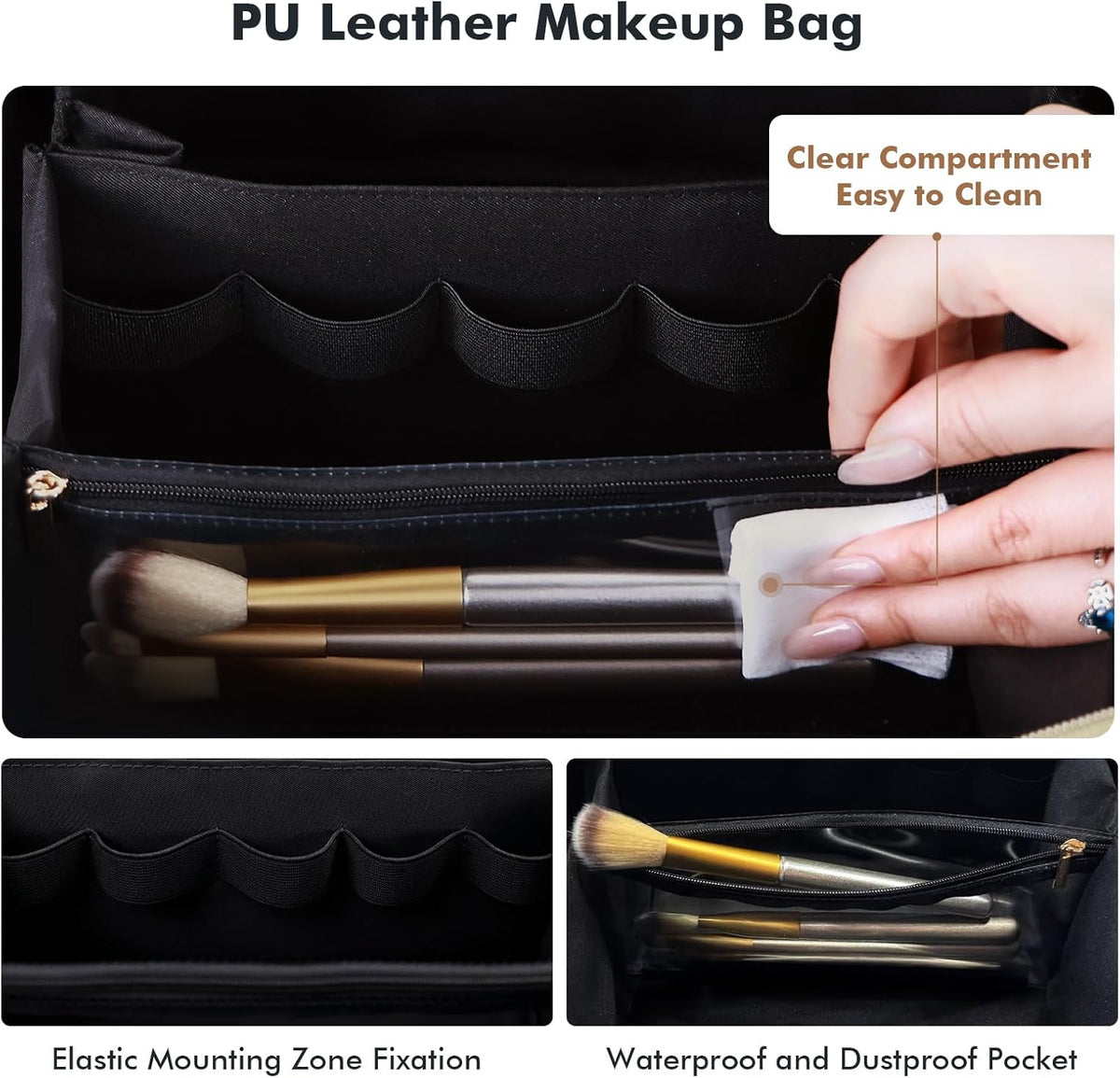 Makeup Bag Travel Toiletry Bag Open Flat Cosmetic Organizer for Women | Clear Divider, 2 Compartments, Waterproof, Vegan Leather, Elastic Slot, Handle, Lightweight, Large Capacity, Easy Clean
