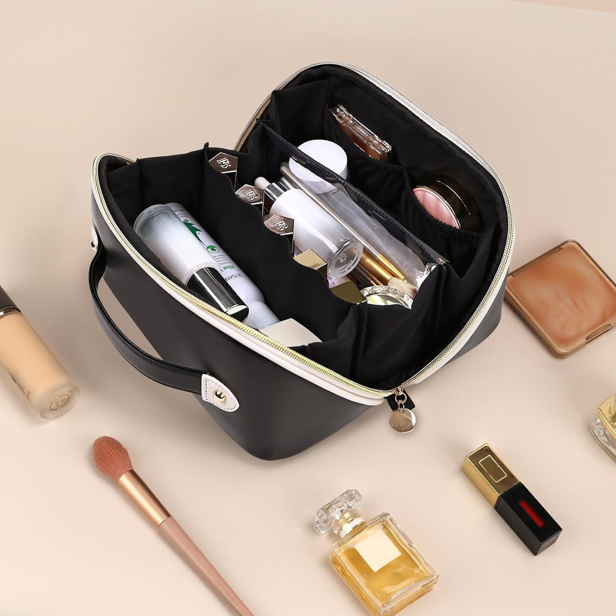 Makeup Bag Travel Toiletry Bag Open Flat Cosmetic Organizer for Women | Clear Divider, 2 Compartments, Waterproof, Vegan Leather, Elastic Slot, Handle, Lightweight, Large Capacity, Easy Clean
