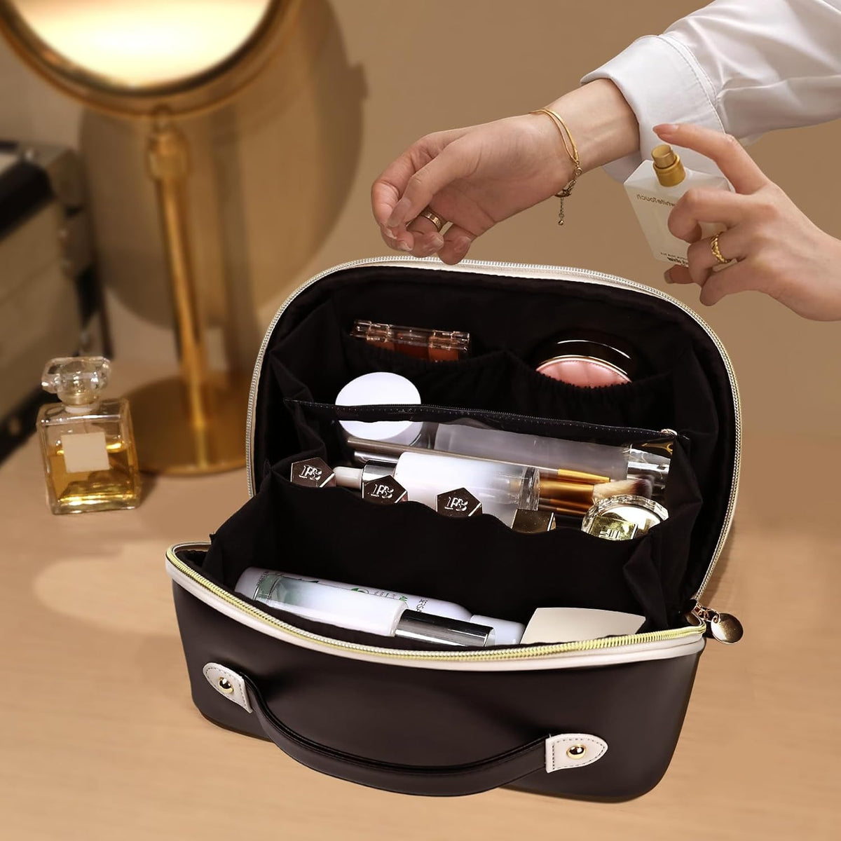 Makeup Bag Travel Toiletry Bag Open Flat Cosmetic Organizer for Women | Clear Divider, 2 Compartments, Waterproof, Vegan Leather, Elastic Slot, Handle, Lightweight, Large Capacity, Easy Clean