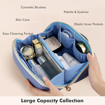 Makeup Bag Travel Toiletry Bag Open Flat Cosmetic Organizer for Women | Clear Divider, 2 Compartments, Waterproof, Vegan Leather, Elastic Slot, Handle, Lightweight, Large Capacity, Easy Clean