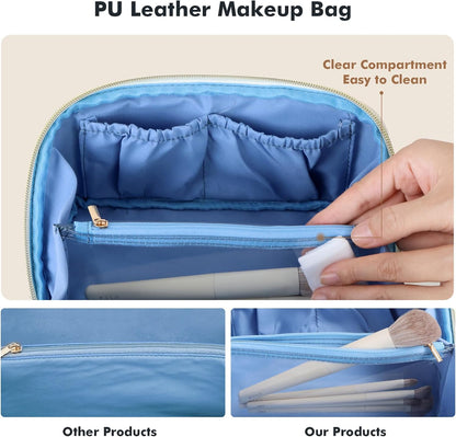Makeup Bag Travel Toiletry Bag Open Flat Cosmetic Organizer for Women | Clear Divider, 2 Compartments, Waterproof, Vegan Leather, Elastic Slot, Handle, Lightweight, Large Capacity, Easy Clean
