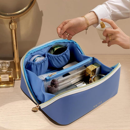 Makeup Bag Travel Toiletry Bag Open Flat Cosmetic Organizer for Women | Clear Divider, 2 Compartments, Waterproof, Vegan Leather, Elastic Slot, Handle, Lightweight, Large Capacity, Easy Clean