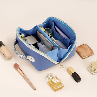 Makeup Bag Travel Toiletry Bag Open Flat Cosmetic Organizer for Women | Clear Divider, 2 Compartments, Waterproof, Vegan Leather, Elastic Slot, Handle, Lightweight, Large Capacity, Easy Clean